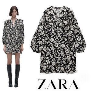 ZARA | Ecru/Black | RUFFLED PRINT DRESS